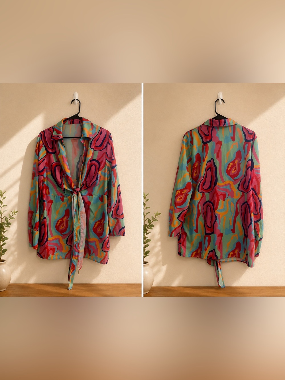 Colorful Abstract Tie-Front Blouse - Teal, Pink & Orange
